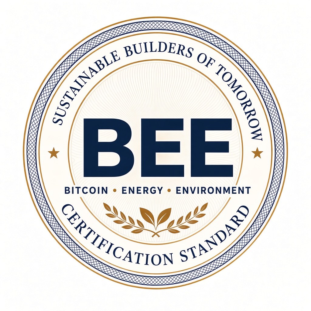 BEE seal: navy and gold ring with laurels, reading Sustainable Builders of Tomorrow, BEE, Bitcoin • Energy • Environment, Certification Standard